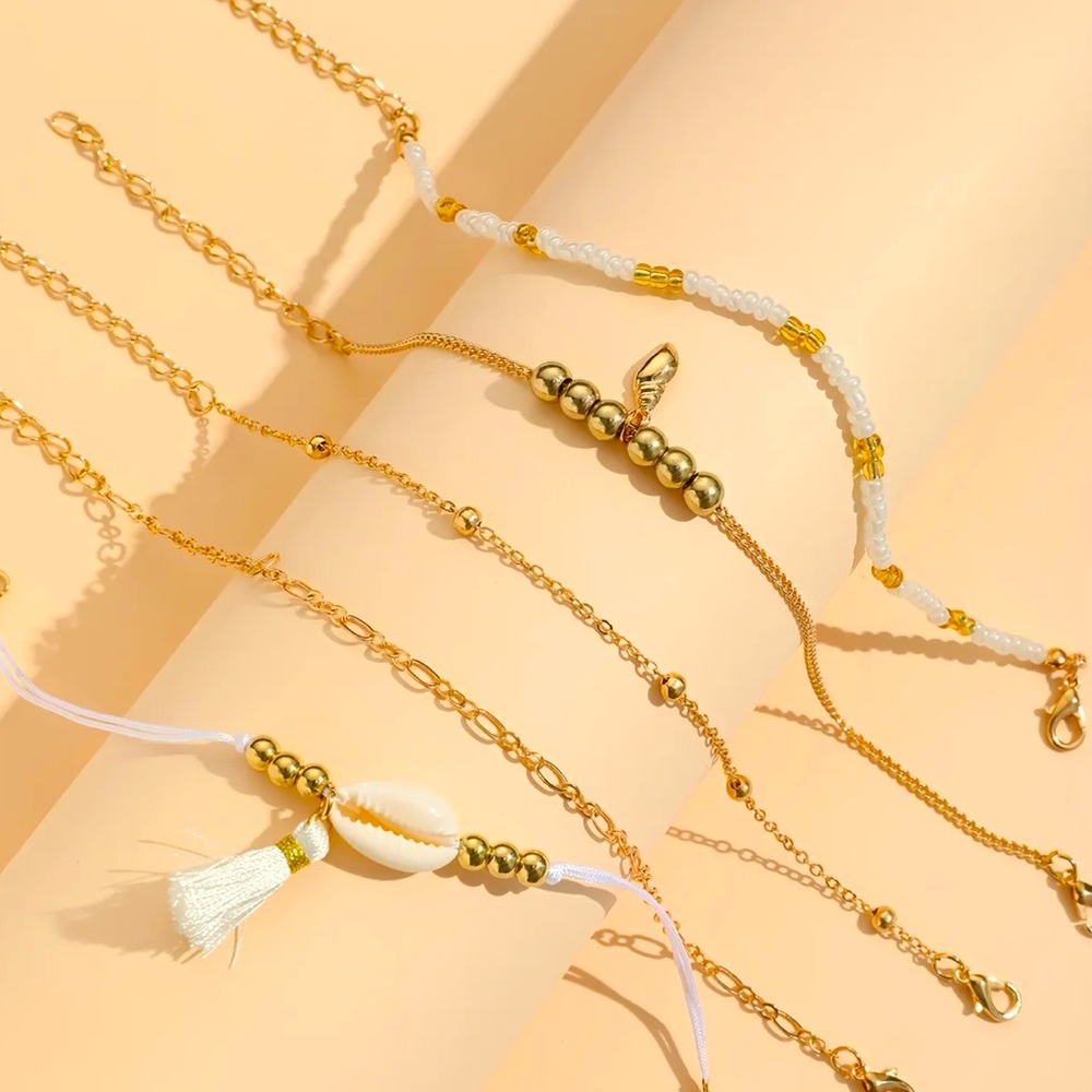 5pc- Rice Bead Shell Multi-layer Anklet Chain Conch Tassel Anklet - Picture 3 of 5